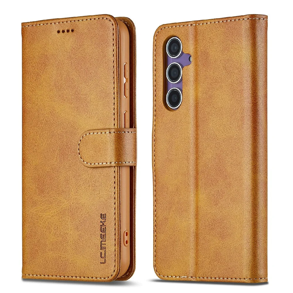 LC.IMEEKE For Samsung Galaxy S25 FE Case Calf Texture PU Leather Stand Wallet Phone Cover - Yellow - 1