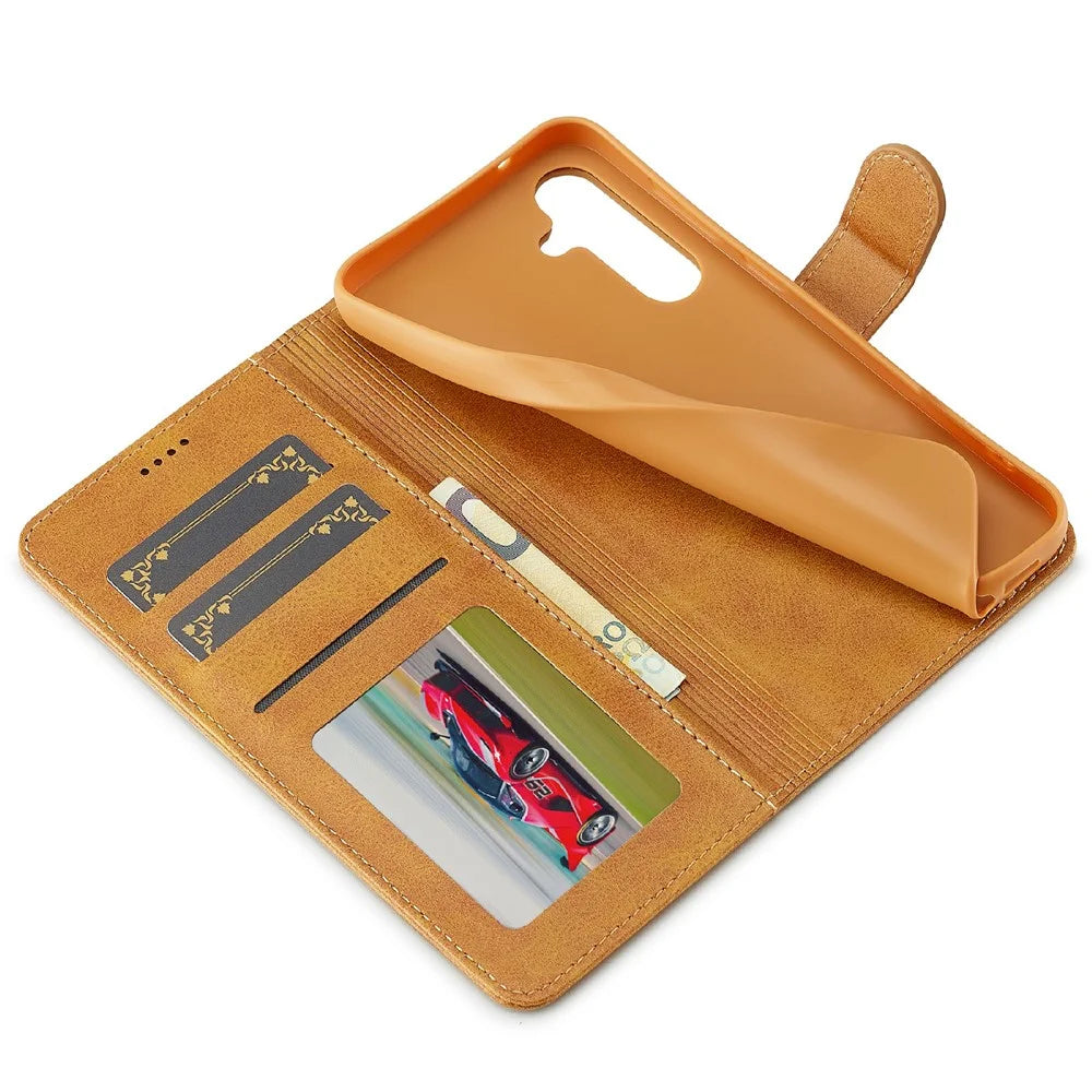 LC.IMEEKE For Samsung Galaxy S25 FE Case Calf Texture PU Leather Stand Wallet Phone Cover - Yellow - 2