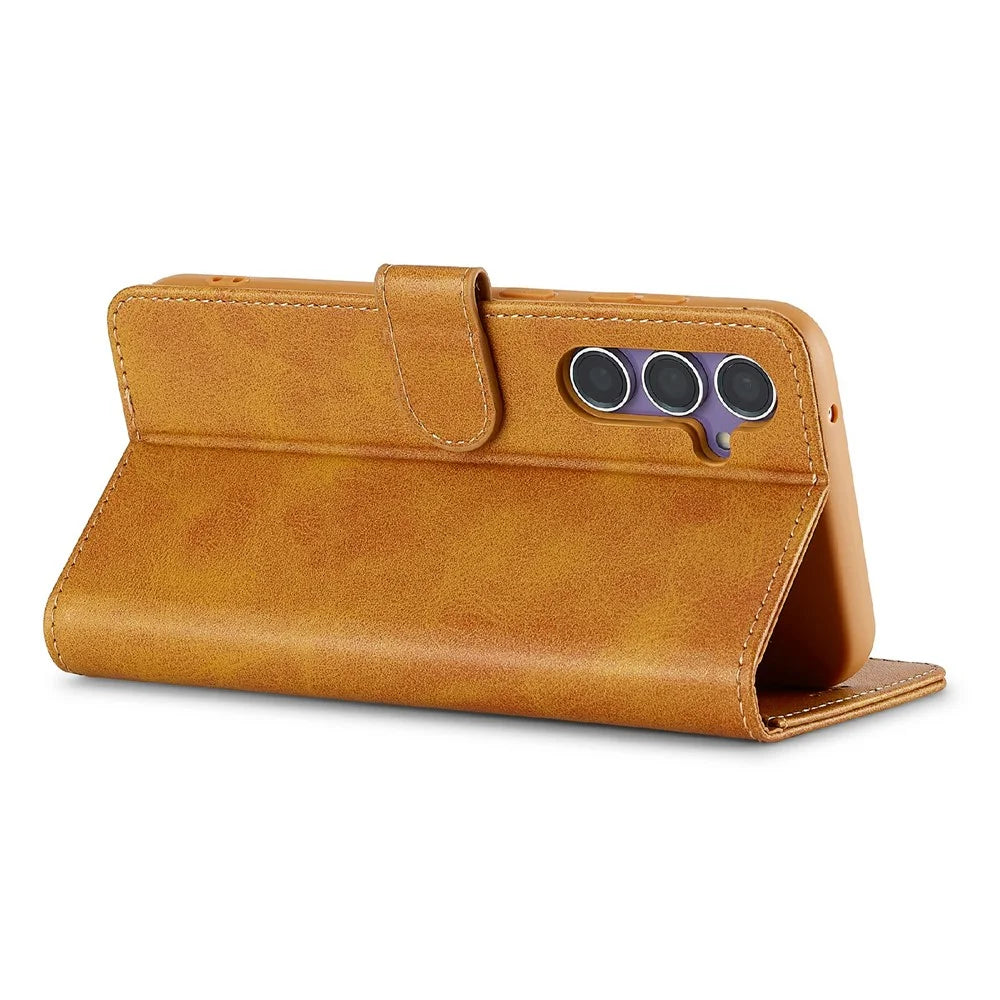 LC.IMEEKE For Samsung Galaxy S25 FE Case Calf Texture PU Leather Stand Wallet Phone Cover - Yellow - 4