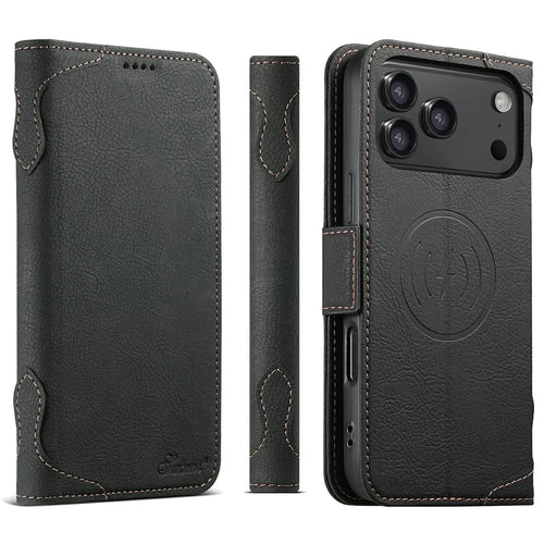 SUTENI J07 For iPhone 17 Pro Max Case Compatible with MagSafe Litchi Texture Leather Wallet Phone Cover - Black - 1