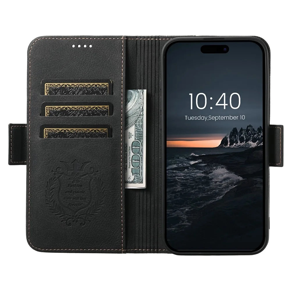 SUTENI J07 For iPhone 17 Pro Max Case Compatible with MagSafe Litchi Texture Leather Wallet Phone Cover - Black - 2