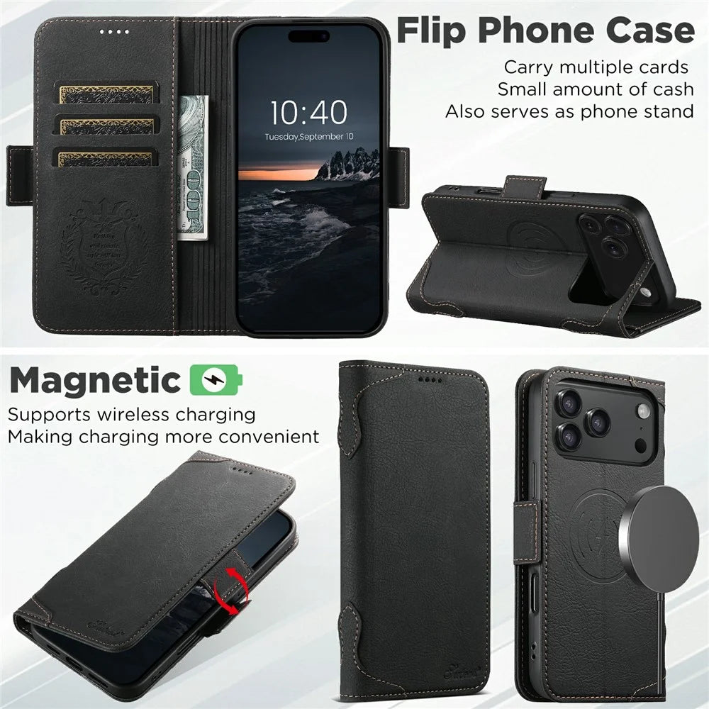 SUTENI J07 For iPhone 17 Pro Max Case Compatible with MagSafe Litchi Texture Leather Wallet Phone Cover - Black - 4
