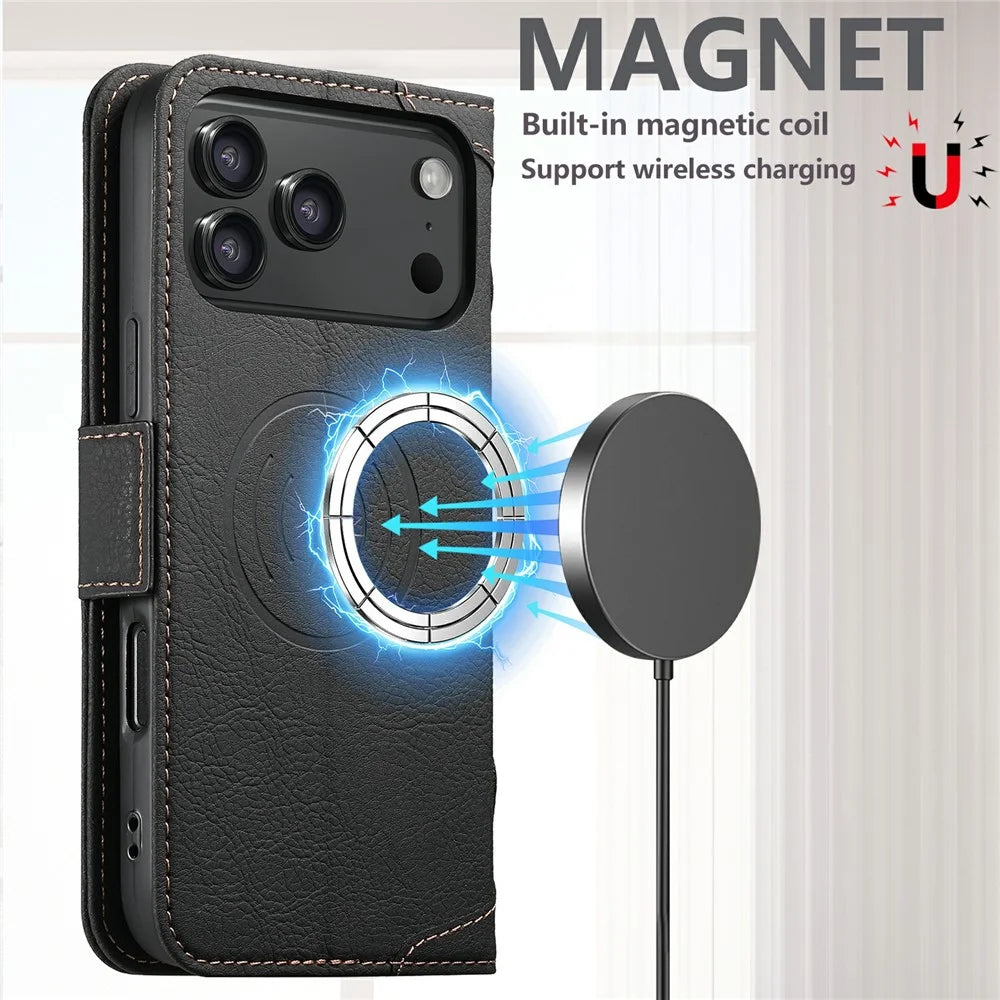 SUTENI J07 For iPhone 17 Pro Max Case Compatible with MagSafe Litchi Texture Leather Wallet Phone Cover - Black - 5