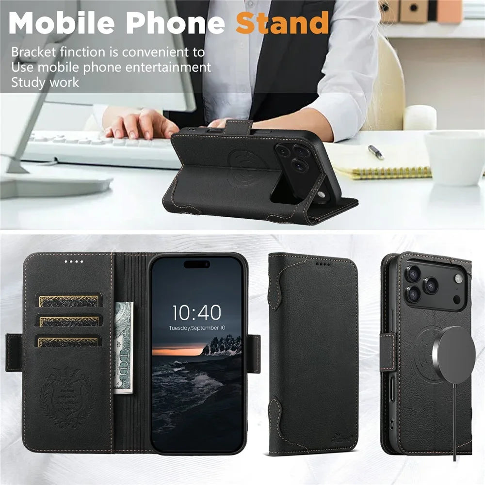 SUTENI J07 For iPhone 17 Pro Max Case Compatible with MagSafe Litchi Texture Leather Wallet Phone Cover - Black - 6
