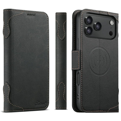 SUTENI J07 For iPhone 17 Pro Case Compatible with MagSafe Litchi Texture Leather Wallet Phone Cover - Black - 1