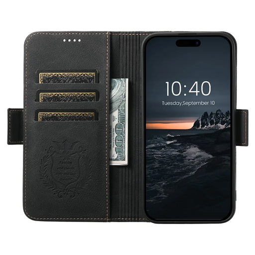 SUTENI J07 For iPhone 17 Pro Case Compatible with MagSafe Litchi Texture Leather Wallet Phone Cover - Black - 2