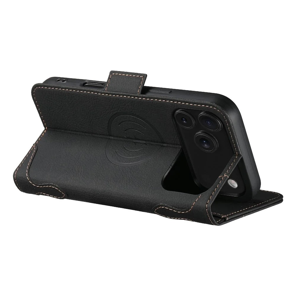 SUTENI J07 For iPhone 17 Pro Case Compatible with MagSafe Litchi Texture Leather Wallet Phone Cover - Black - 3