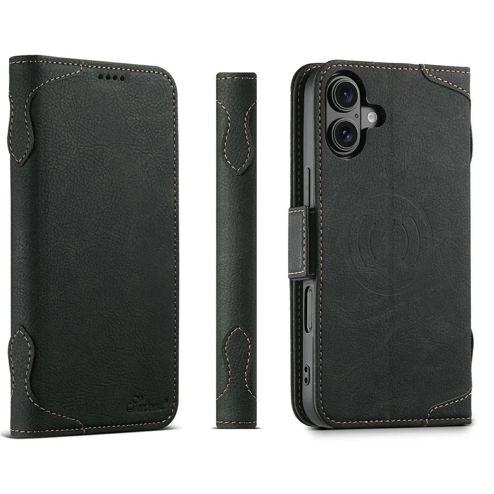 SUTENI J07 For iPhone 17 Case Compatible with MagSafe Litchi Texture Leather Wallet Phone Cover - Black - 1