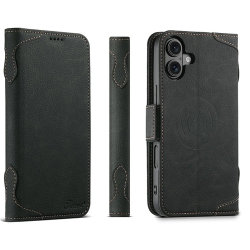 SUTENI J07 For iPhone 17 Case Compatible with MagSafe Litchi Texture Leather Wallet Phone Cover - Black - 1
