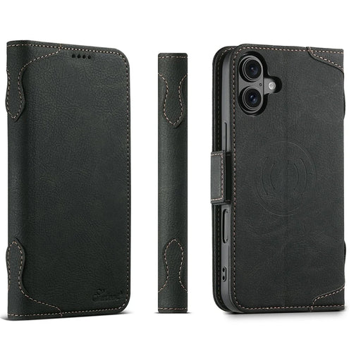 SUTENI J07 For iPhone 17 Case Compatible with MagSafe Litchi Texture Leather Wallet Phone Cover - Black - 1