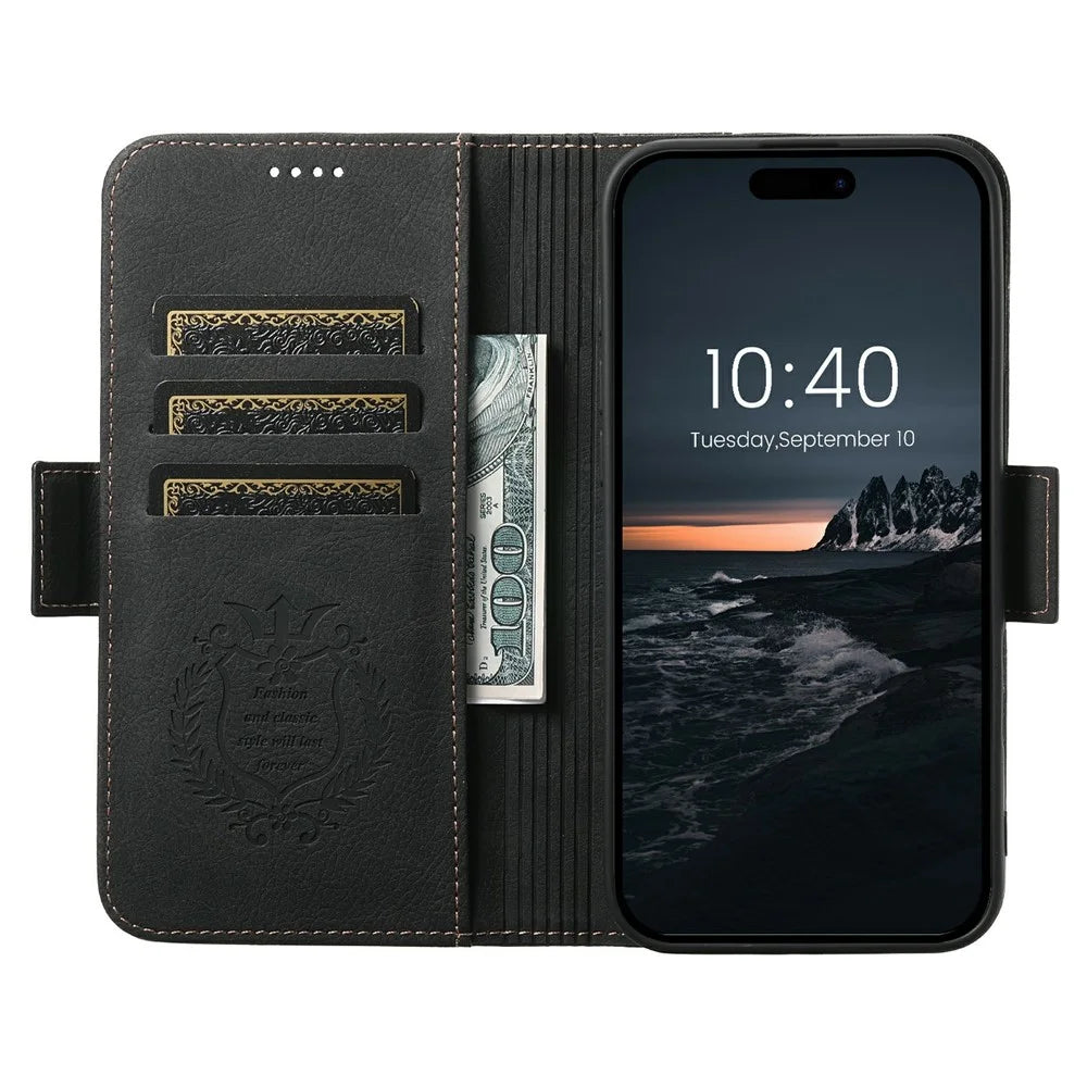 SUTENI J07 For iPhone 17 Case Compatible with MagSafe Litchi Texture Leather Wallet Phone Cover - Black - 2