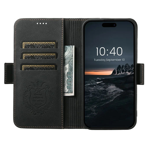SUTENI J07 For iPhone 17 Case Compatible with MagSafe Litchi Texture Leather Wallet Phone Cover - Black - 2