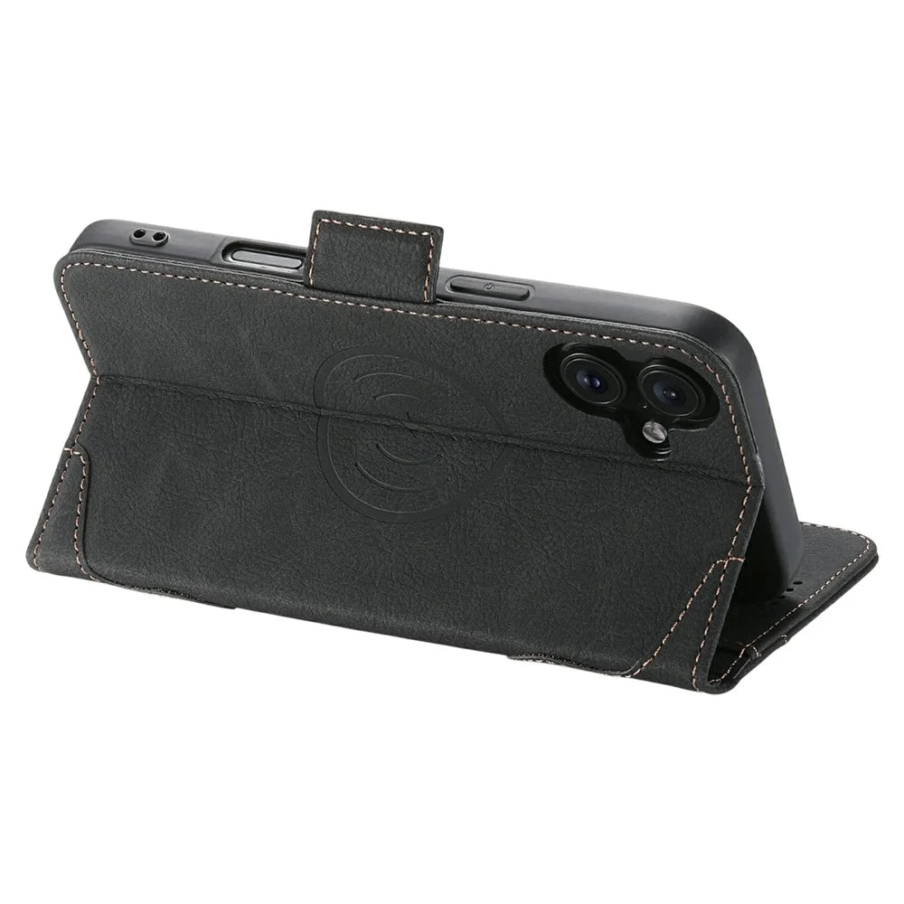 SUTENI J07 For iPhone 17 Case Compatible with MagSafe Litchi Texture Leather Wallet Phone Cover - Black - 3