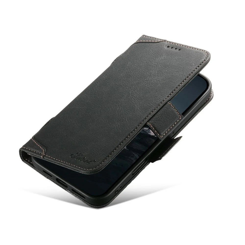 SUTENI J07 For iPhone 17 Case Compatible with MagSafe Litchi Texture Leather Wallet Phone Cover - Black - 4