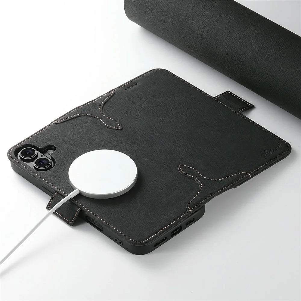 SUTENI J07 For iPhone 17 Case Compatible with MagSafe Litchi Texture Leather Wallet Phone Cover - Black - 5