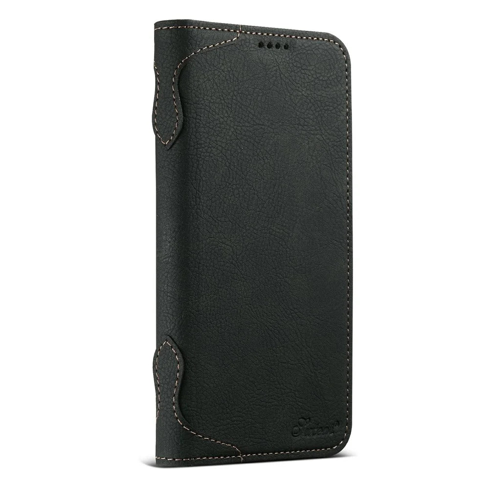SUTENI J07 For iPhone 17 Case Compatible with MagSafe Litchi Texture Leather Wallet Phone Cover - Black - 6