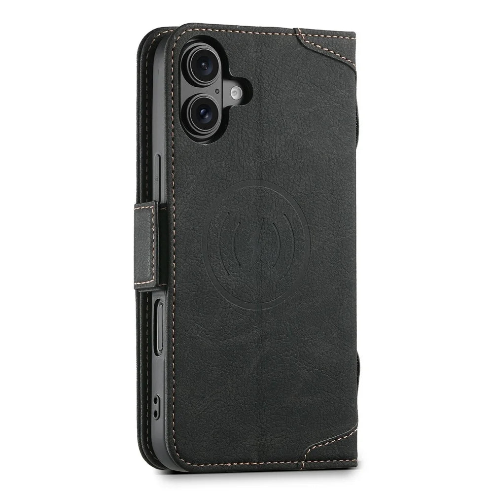 SUTENI J07 For iPhone 17 Case Compatible with MagSafe Litchi Texture Leather Wallet Phone Cover - Black - 7