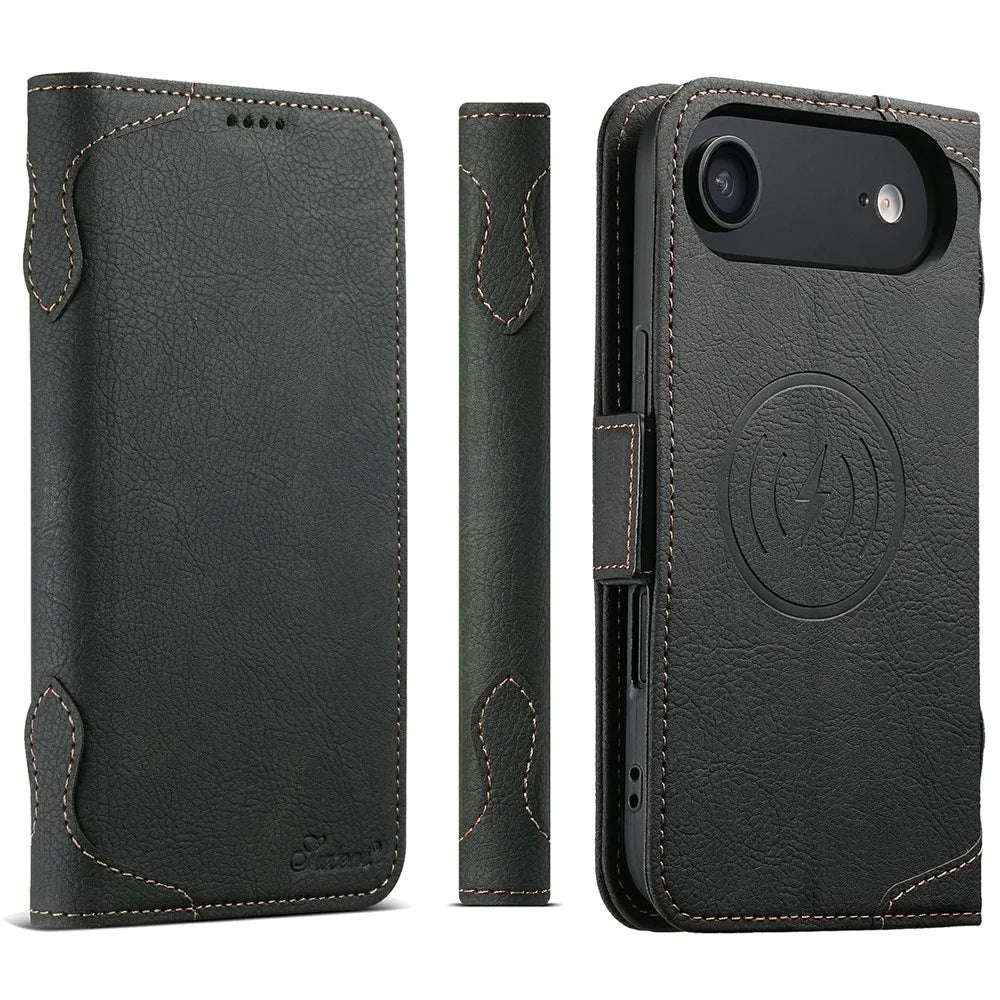 SUTENI J07 For iPhone Air Case Compatible with MagSafe Litchi Texture Leather Wallet Phone Cover - Black - 1