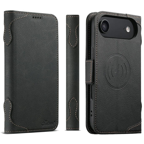 SUTENI J07 For iPhone Air Case Compatible with MagSafe Litchi Texture Leather Wallet Phone Cover - Black - 1