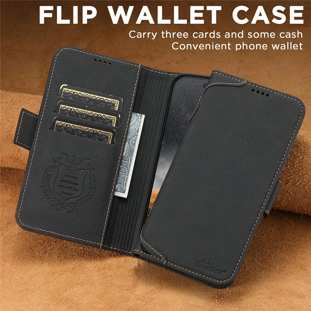 SUTENI J07 For iPhone Air Case Compatible with MagSafe Litchi Texture Leather Wallet Phone Cover - Black - 3