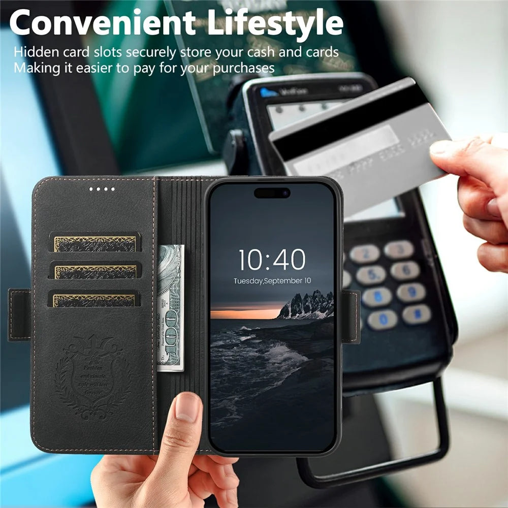 SUTENI J07 For iPhone Air Case Compatible with MagSafe Litchi Texture Leather Wallet Phone Cover - Black - 4