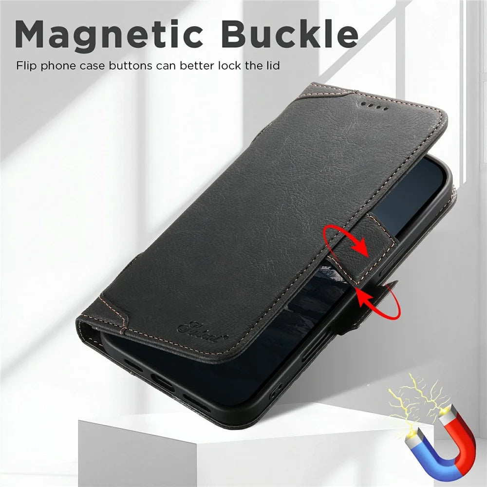 SUTENI J07 For iPhone Air Case Compatible with MagSafe Litchi Texture Leather Wallet Phone Cover - Black - 5