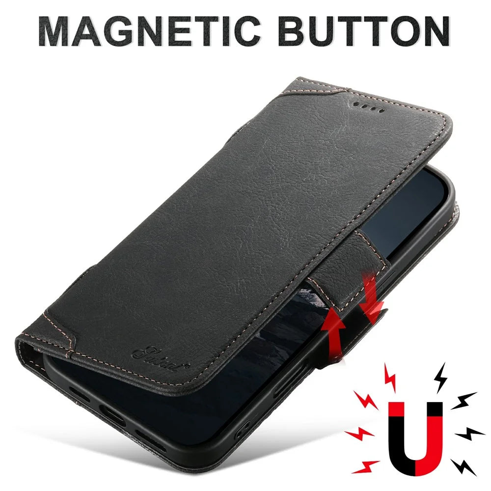 SUTENI J07 For iPhone Air Case Compatible with MagSafe Litchi Texture Leather Wallet Phone Cover - Black - 6