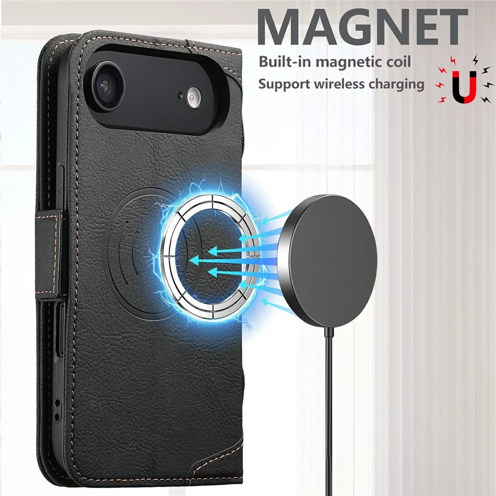 SUTENI J07 For iPhone Air Case Compatible with MagSafe Litchi Texture Leather Wallet Phone Cover - Black - 7
