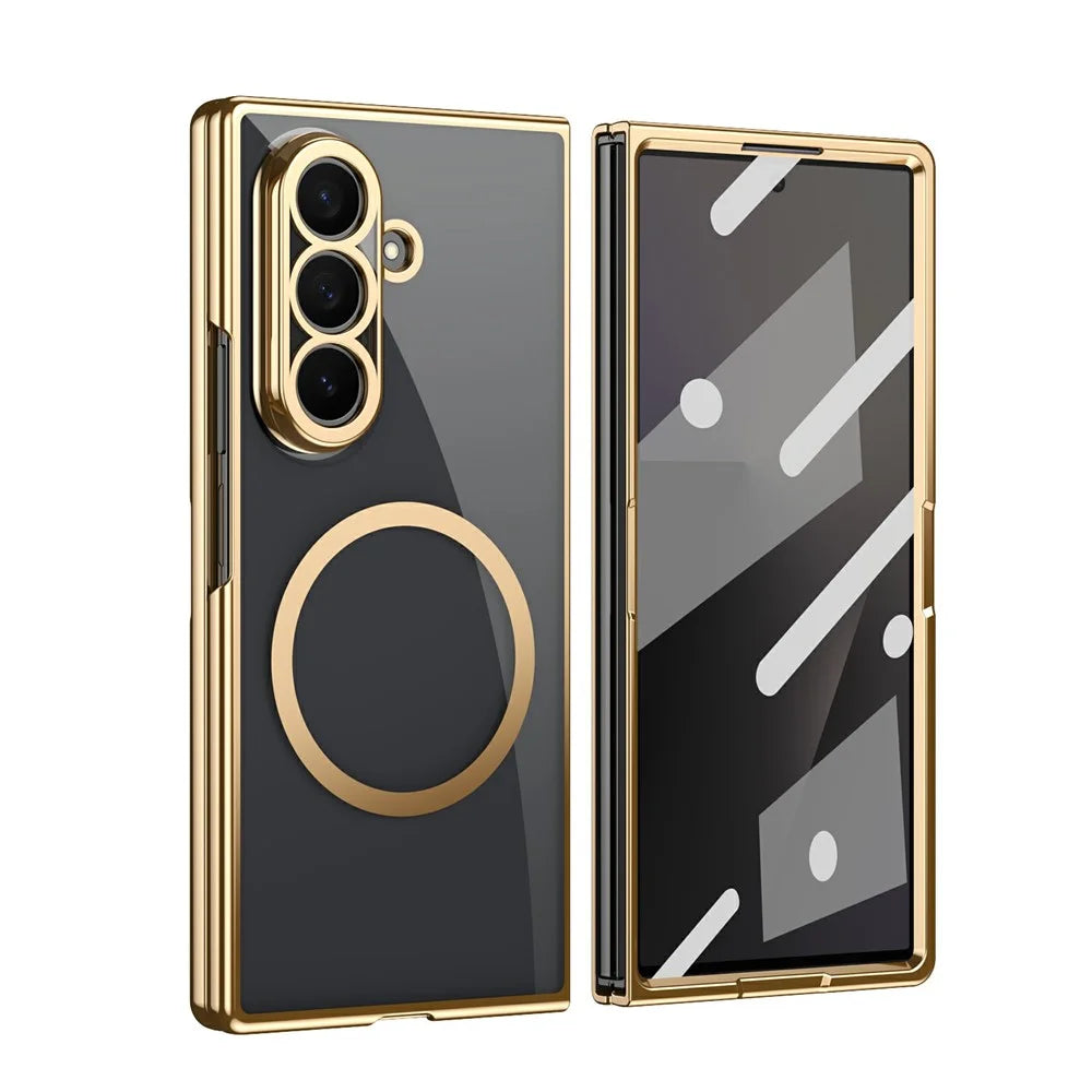 For Samsung Galaxy Z Fold7 5G Magnetic Case Electroplated PC Clear Phone Cover with Tempered Glass Film - Gold - 1