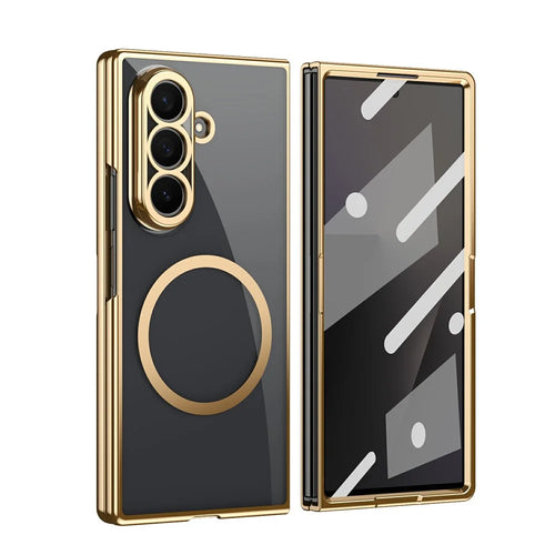 For Samsung Galaxy Z Fold7 5G Magnetic Case Electroplated PC Clear Phone Cover with Tempered Glass Film - Gold - 1