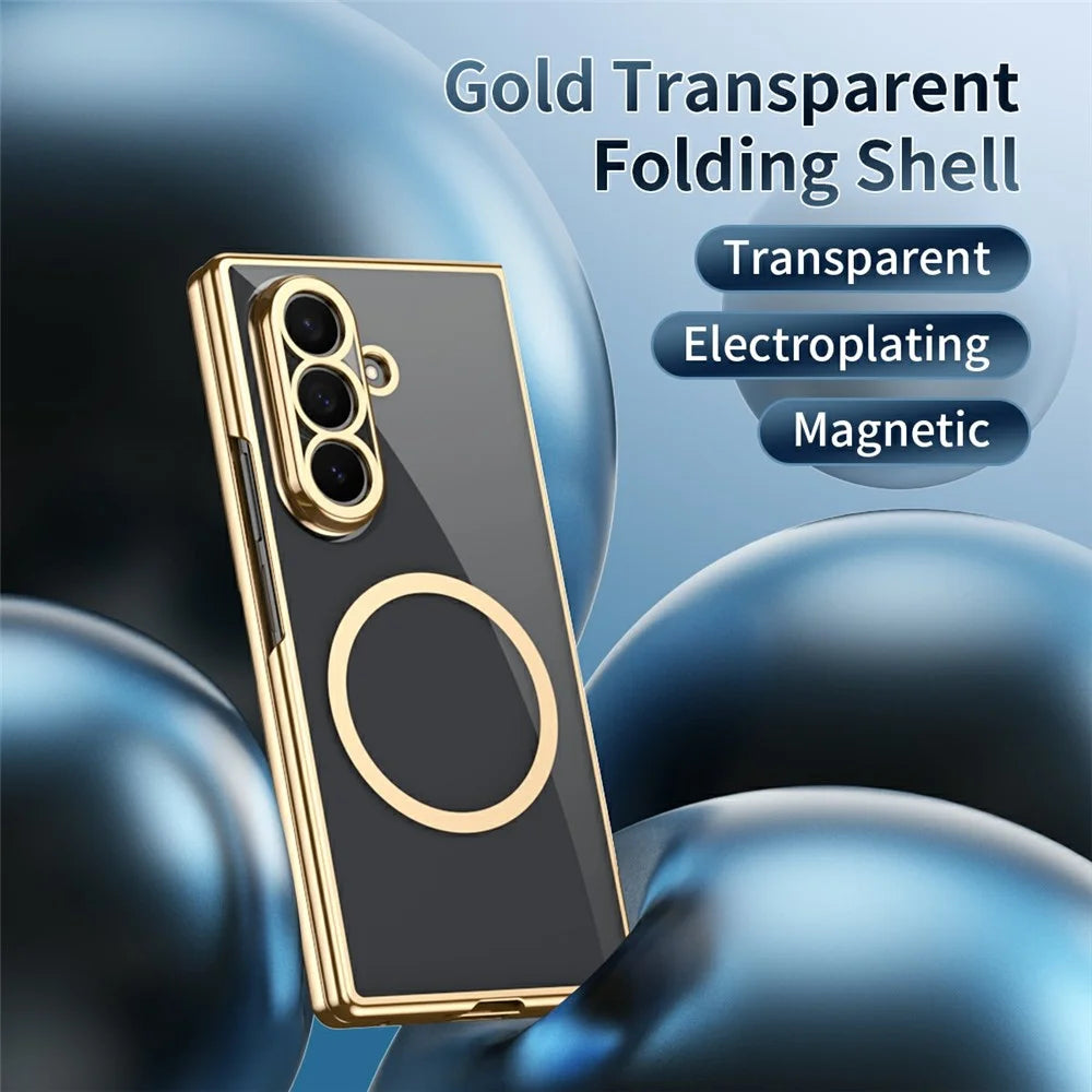 For Samsung Galaxy Z Fold7 5G Magnetic Case Electroplated PC Clear Phone Cover with Tempered Glass Film - Gold - 2
