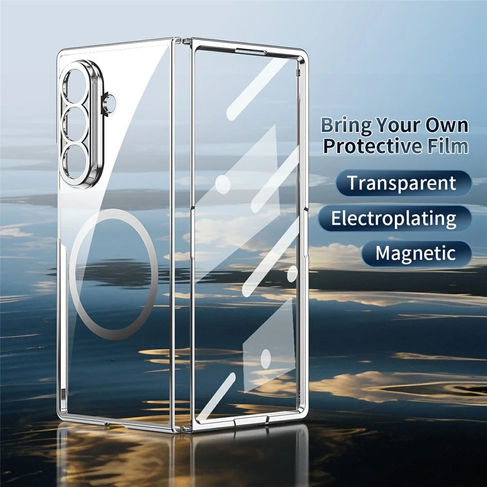 For Samsung Galaxy Z Fold7 5G Magnetic Case Electroplated PC Clear Phone Cover with Tempered Glass Film - Gold - 3
