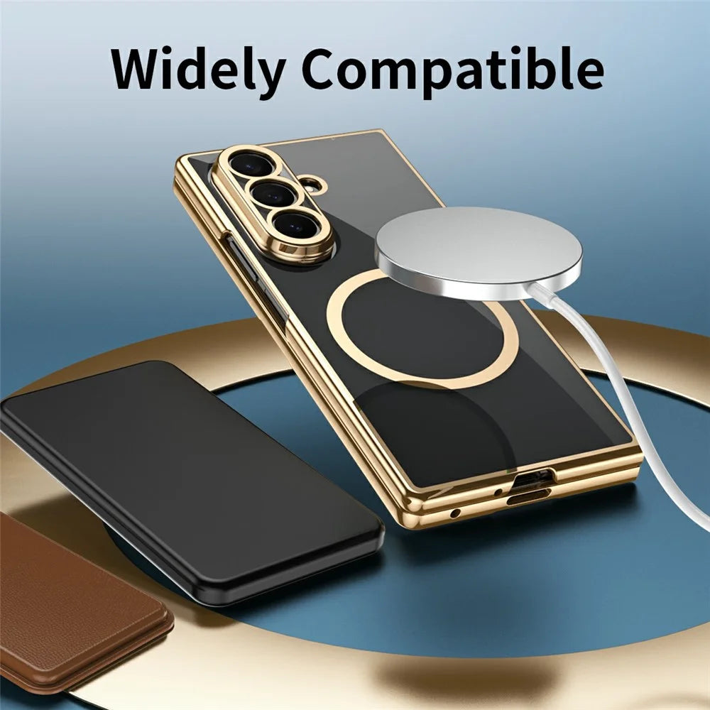 For Samsung Galaxy Z Fold7 5G Magnetic Case Electroplated PC Clear Phone Cover with Tempered Glass Film - Gold - 4