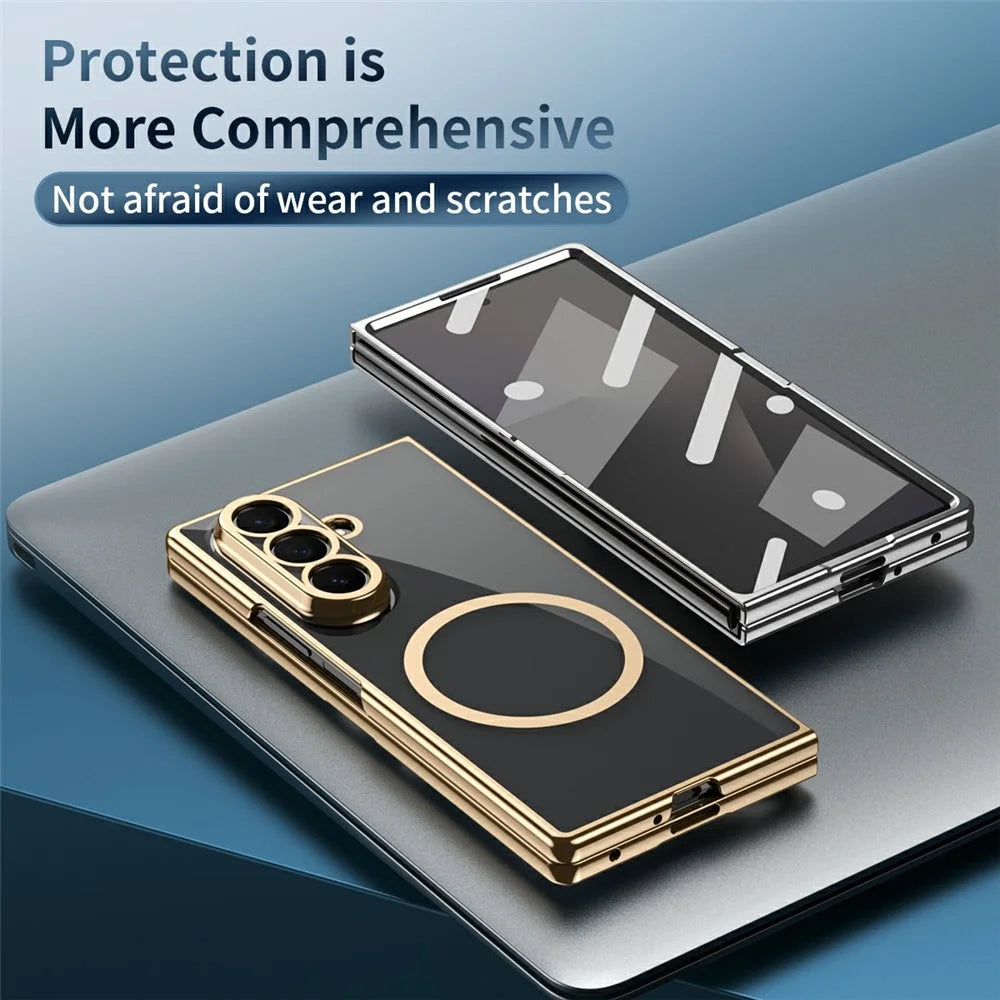 For Samsung Galaxy Z Fold7 5G Magnetic Case Electroplated PC Clear Phone Cover with Tempered Glass Film - Gold - 5