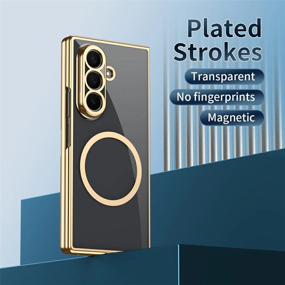 For Samsung Galaxy Z Fold7 5G Magnetic Case Electroplated PC Clear Phone Cover with Tempered Glass Film - Gold - 6