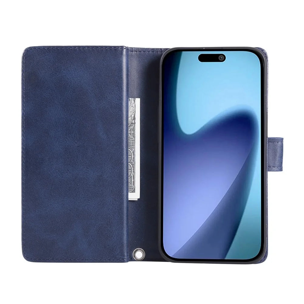 For iPhone Air Case Split Leather Magnetic Wallet Phone Protector with Wrist Strap - Blue - 3