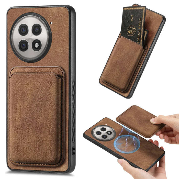 For OnePlus 13R 5G Magnetic Case Leather Back Cover with Detachable Card Holder - Brown - 1