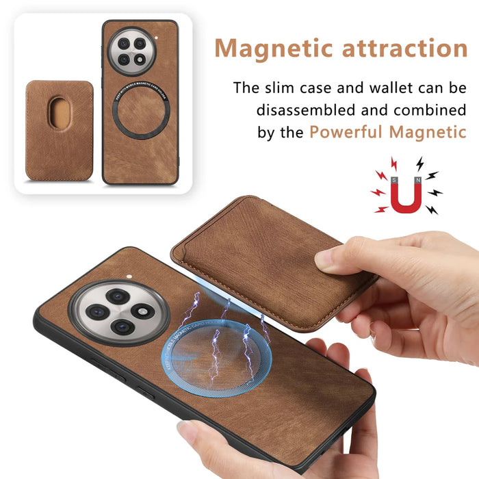 For OnePlus 13R 5G Magnetic Case Leather Back Cover with Detachable Card Holder - Brown - 6
