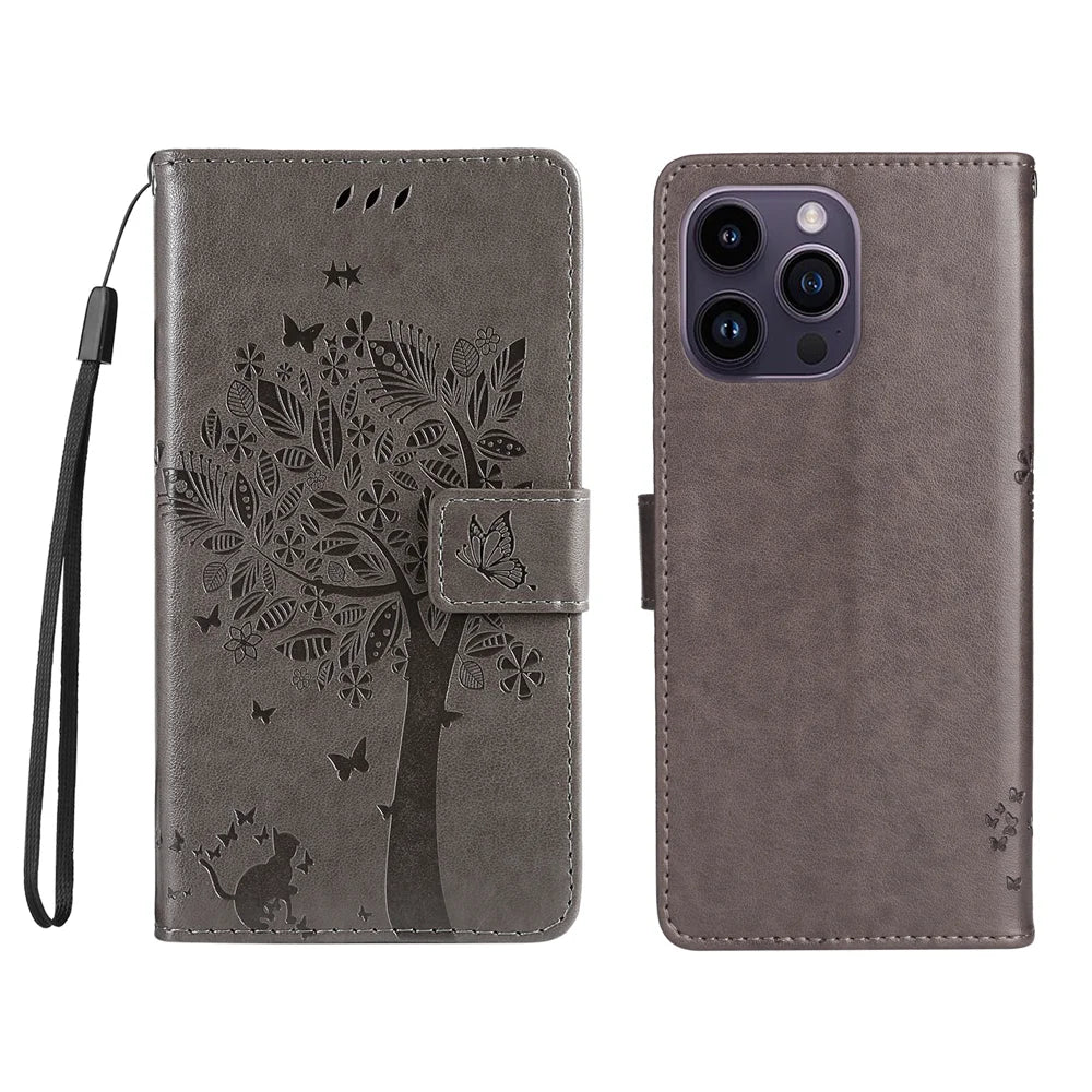 For iPhone 15 Pro Max Phone Case with Stand Cat Tree Pattern Leather Wallet Mobile Cover - Grey - 1