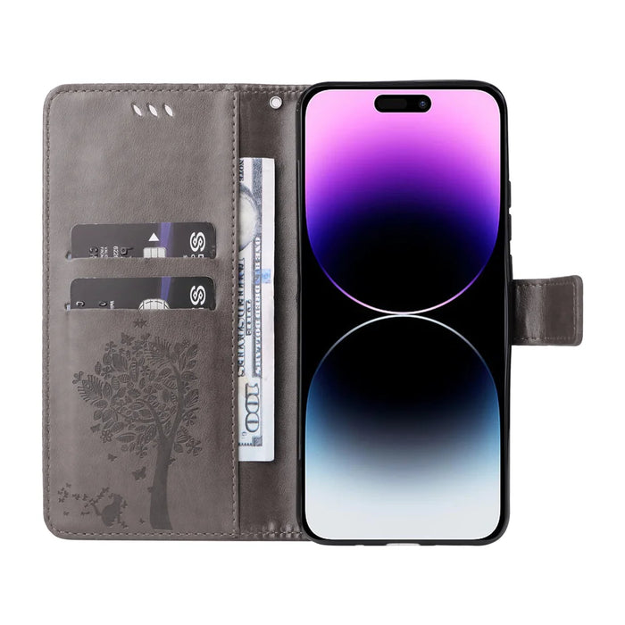 For iPhone 15 Pro Max Phone Case with Stand Cat Tree Pattern Leather Wallet Mobile Cover - Grey - 2