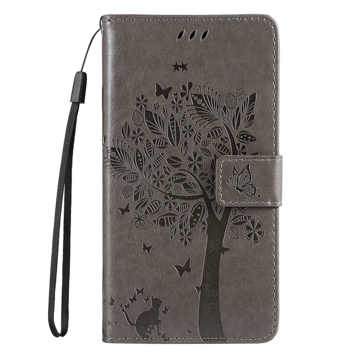 For iPhone 15 Pro Max Phone Case with Stand Cat Tree Pattern Leather Wallet Mobile Cover - Grey - 6