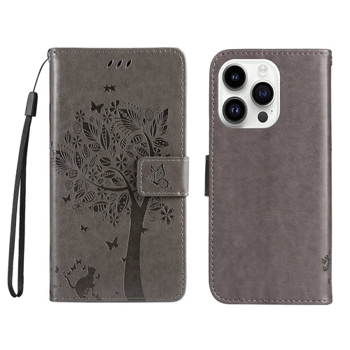 For iPhone 15 Pro Phone Case with Stand Cat Tree Pattern Leather Wallet Mobile Cover - Grey - 1