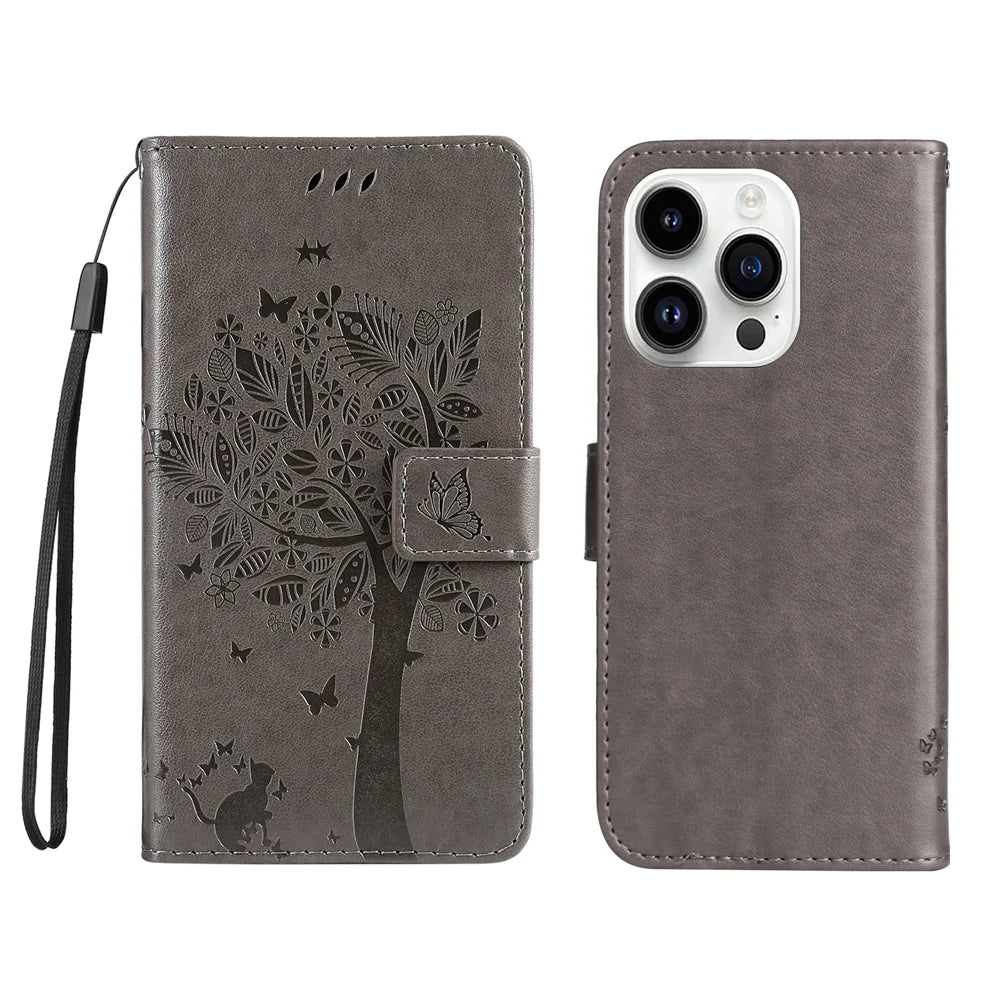 For iPhone 15 Pro Phone Case with Stand Cat Tree Pattern Leather Wallet Mobile Cover - Grey - 1