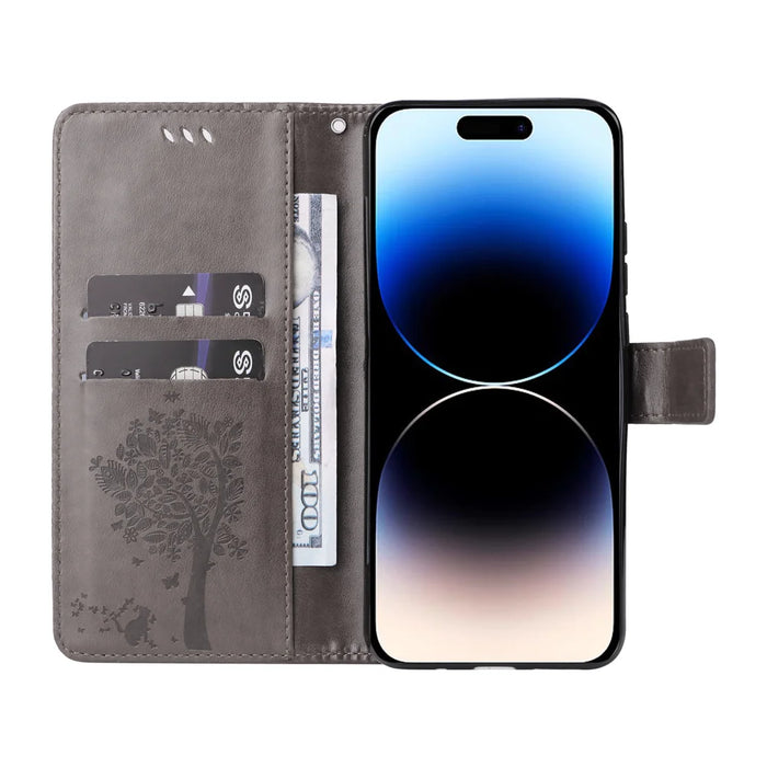 For iPhone 15 Pro Phone Case with Stand Cat Tree Pattern Leather Wallet Mobile Cover - Grey - 2