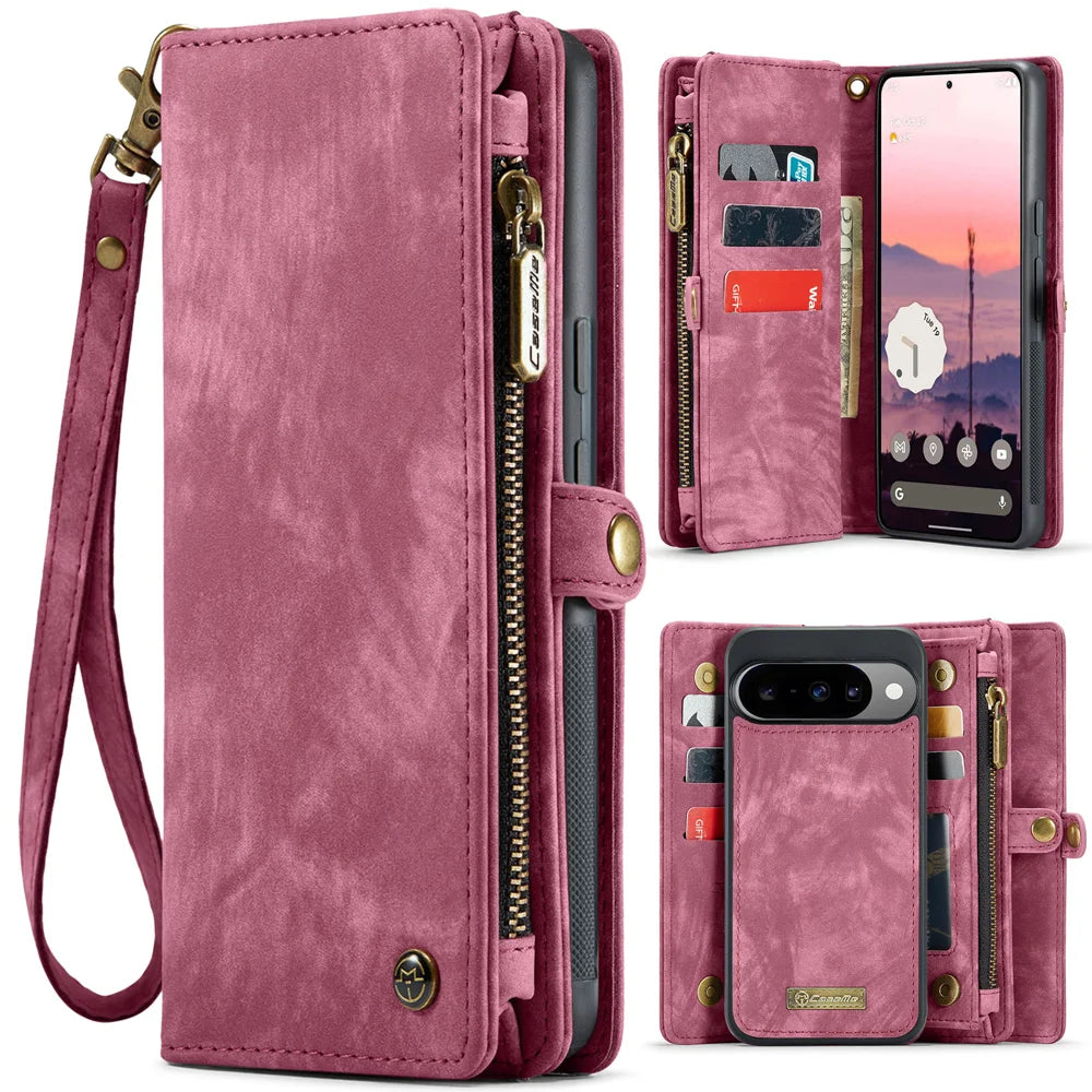 CASEME For Google Pixel 10 Pro / Google Pixel 10 Phone Cases  008 Leather Cover with Detachable Wallet and Strap - Red - 1