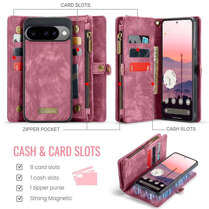 CASEME For Google Pixel 10 Pro / Google Pixel 10 Phone Cases  008 Leather Cover with Detachable Wallet and Strap - Red - 2