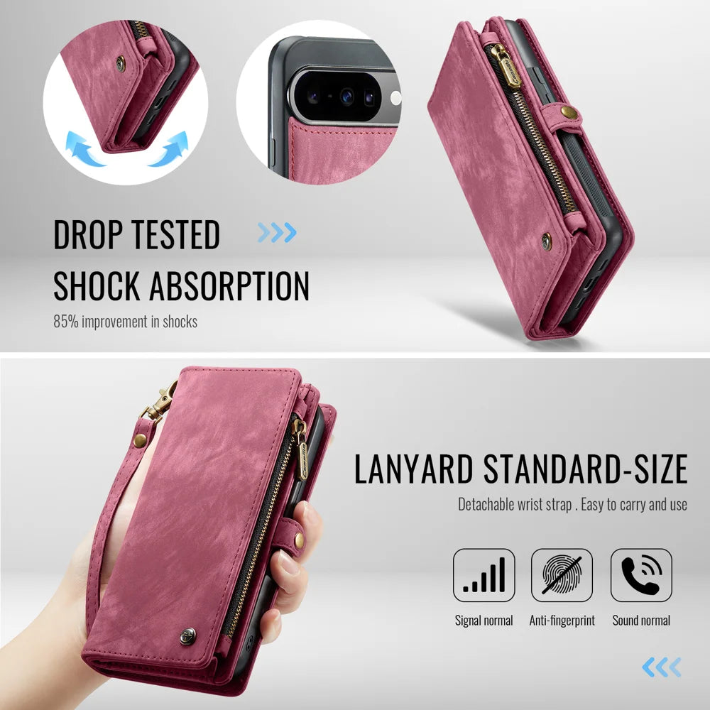 CASEME For Google Pixel 10 Pro / Google Pixel 10 Phone Cases  008 Leather Cover with Detachable Wallet and Strap - Red - 5
