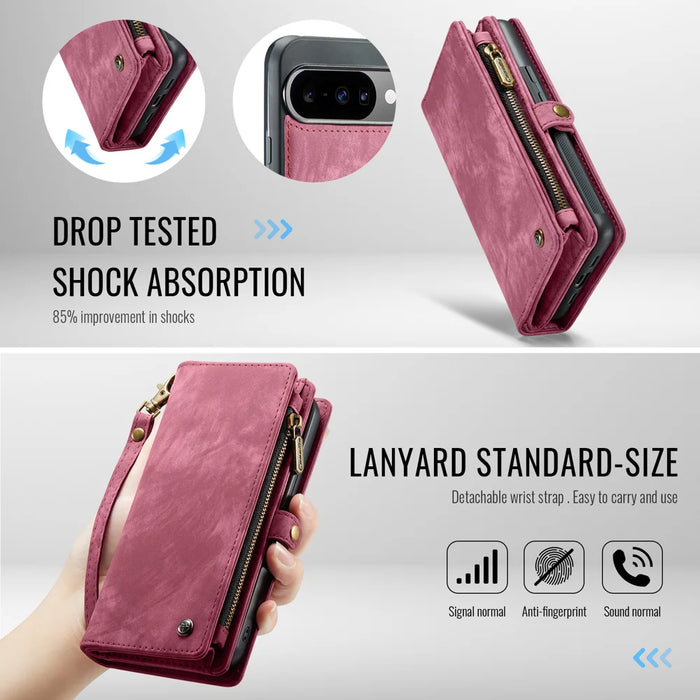 CASEME For Google Pixel 10 Pro / Google Pixel 10 Phone Cases  008 Leather Cover with Detachable Wallet and Strap - Red - 5