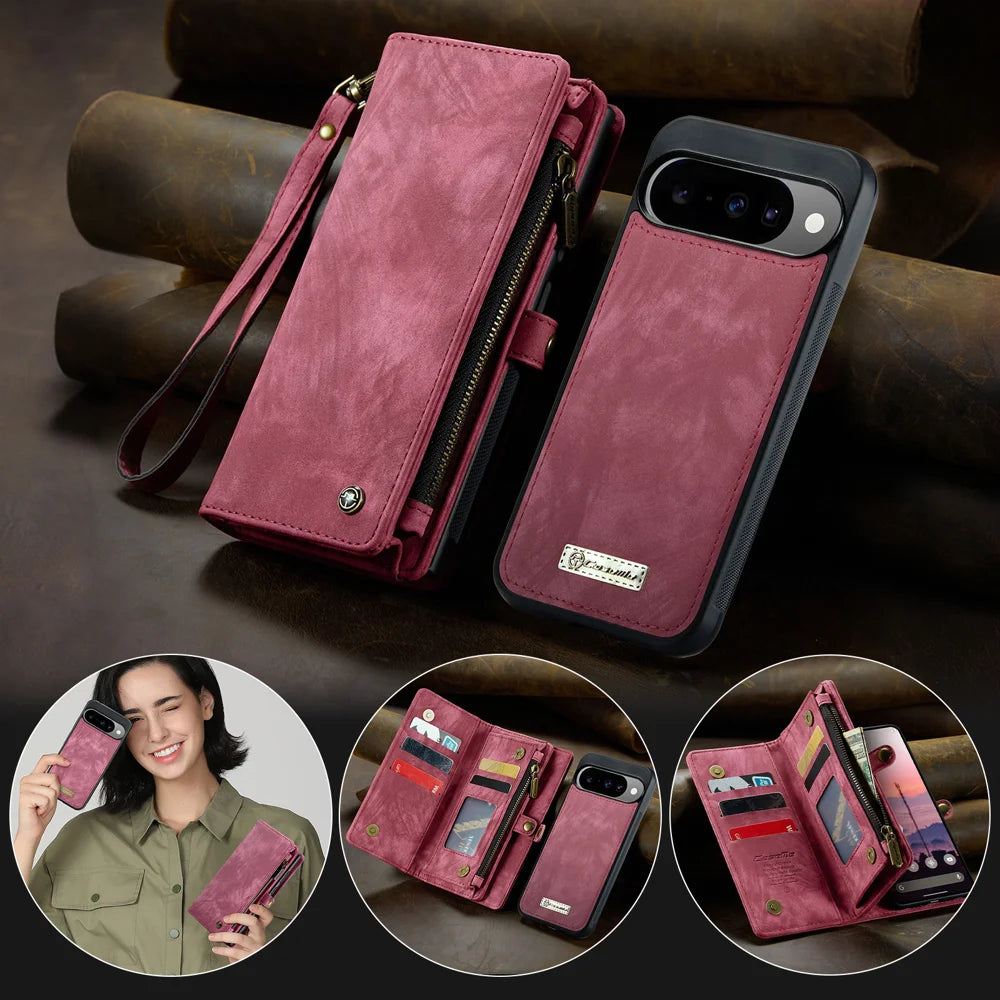 CASEME For Google Pixel 10 Pro / Google Pixel 10 Phone Cases  008 Leather Cover with Detachable Wallet and Strap - Red - 6
