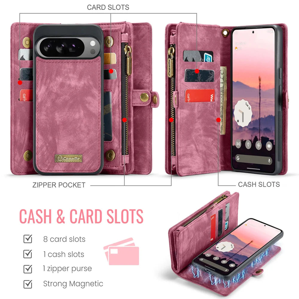 CASEME For Google Pixel 10 Pro XL Phone Cases  008 Leather Cover with Detachable Wallet and Strap - Red - 2